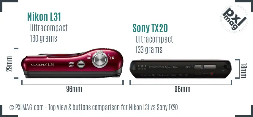 Nikon L31 vs Sony TX20 top view buttons comparison
