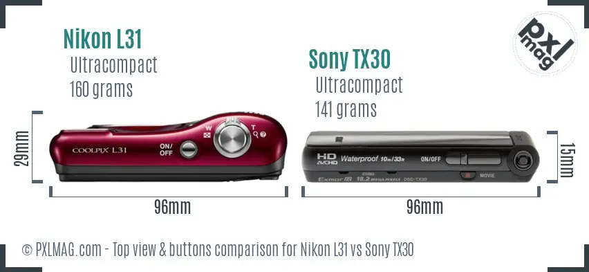 Nikon L31 vs Sony TX30 top view buttons comparison