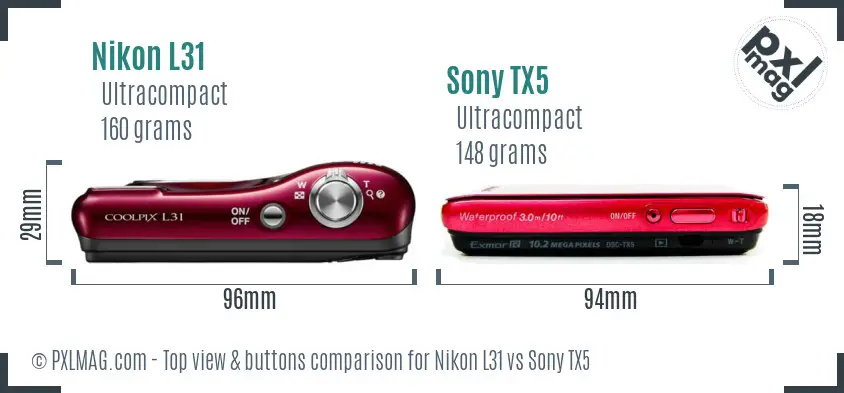 Nikon L31 vs Sony TX5 top view buttons comparison