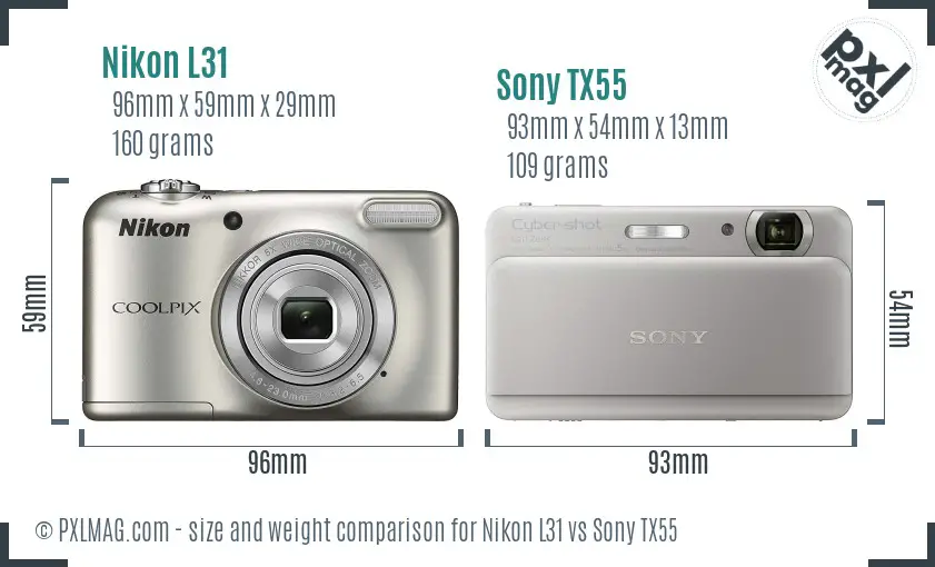 Nikon L31 vs Sony TX55 size comparison