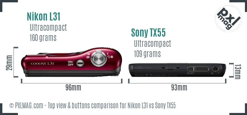Nikon L31 vs Sony TX55 top view buttons comparison