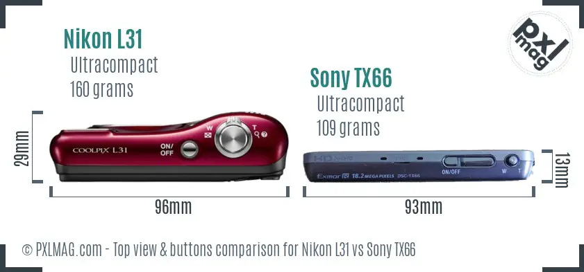 Nikon L31 vs Sony TX66 top view buttons comparison