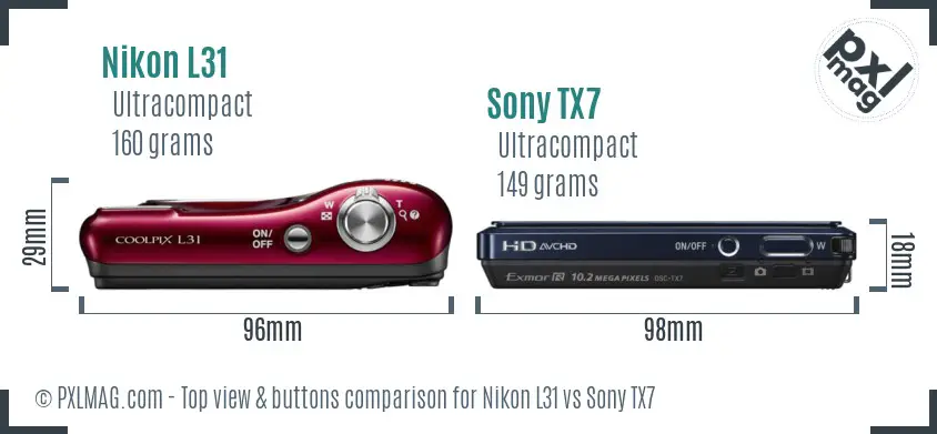 Nikon L31 vs Sony TX7 top view buttons comparison