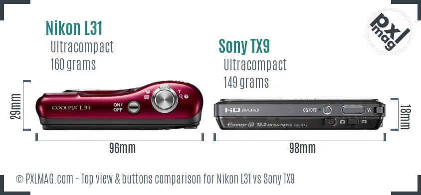 Nikon L31 vs Sony TX9 top view buttons comparison