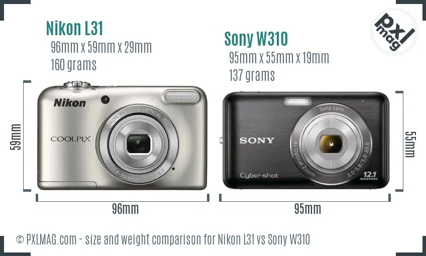 Nikon L31 vs Sony W310 size comparison