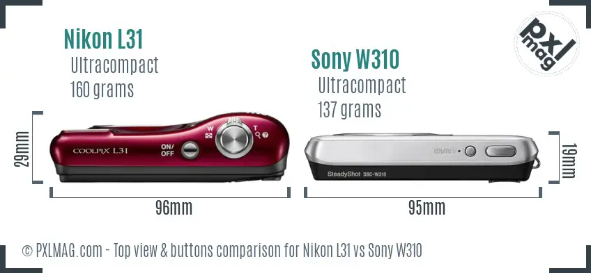 Nikon L31 vs Sony W310 top view buttons comparison