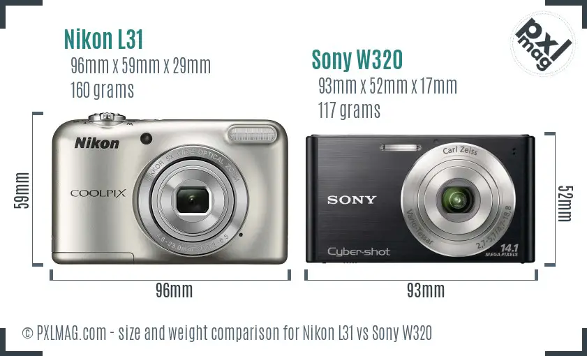 Nikon L31 vs Sony W320 size comparison