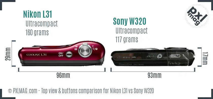 Nikon L31 vs Sony W320 top view buttons comparison