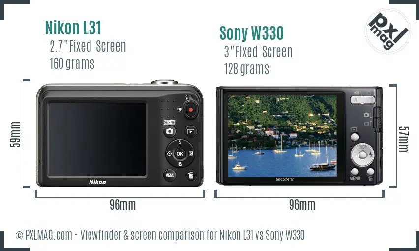 Nikon L31 vs Sony W330 Screen and Viewfinder comparison