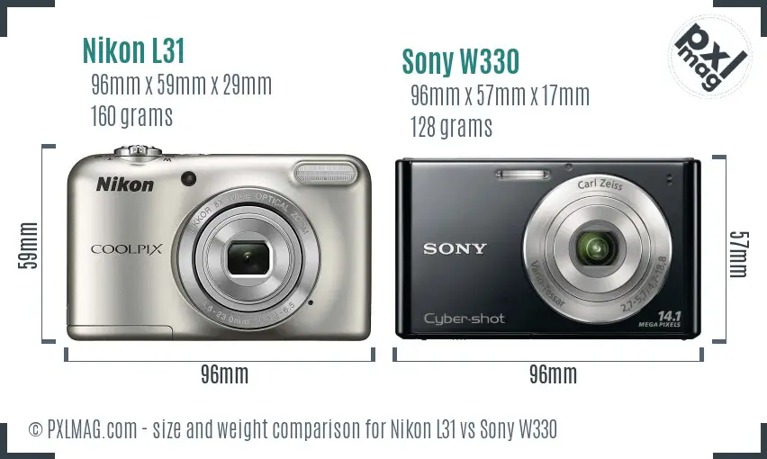 Nikon L31 vs Sony W330 size comparison