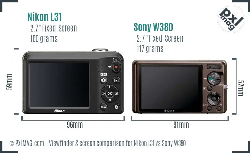 Nikon L31 vs Sony W380 Screen and Viewfinder comparison