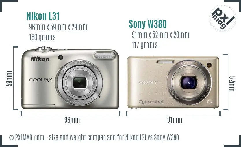 Nikon L31 vs Sony W380 size comparison