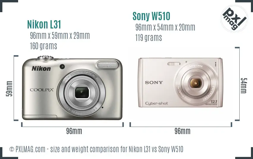 Nikon L31 vs Sony W510 size comparison