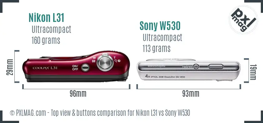 Nikon L31 vs Sony W530 top view buttons comparison