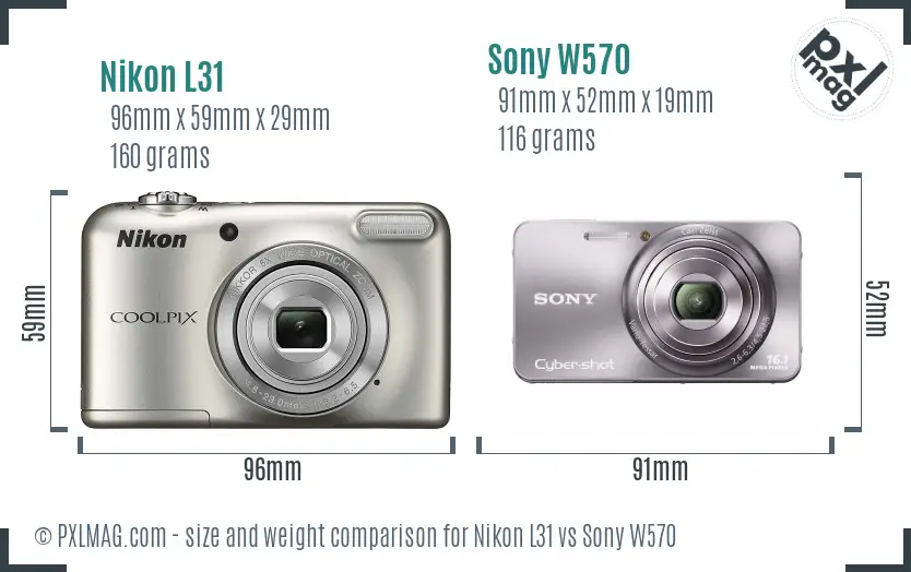 Nikon L31 vs Sony W570 size comparison