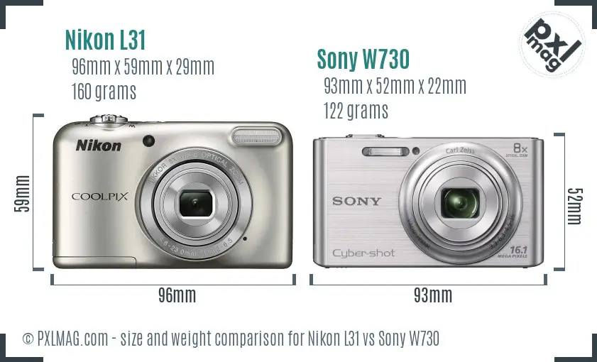 Nikon L31 vs Sony W730 size comparison