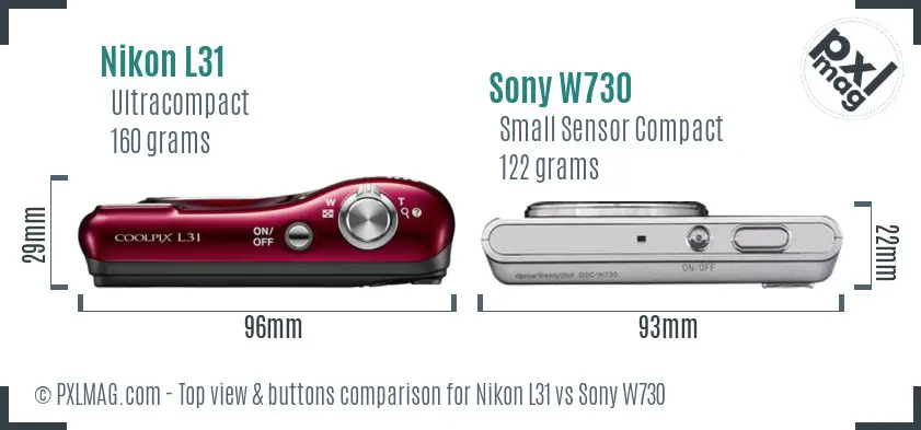 Nikon L31 vs Sony W730 top view buttons comparison
