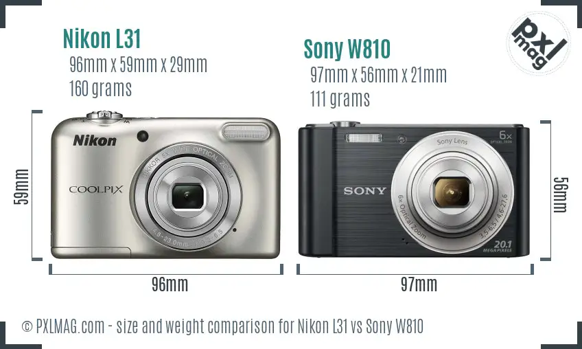 Nikon L31 vs Sony W810 size comparison