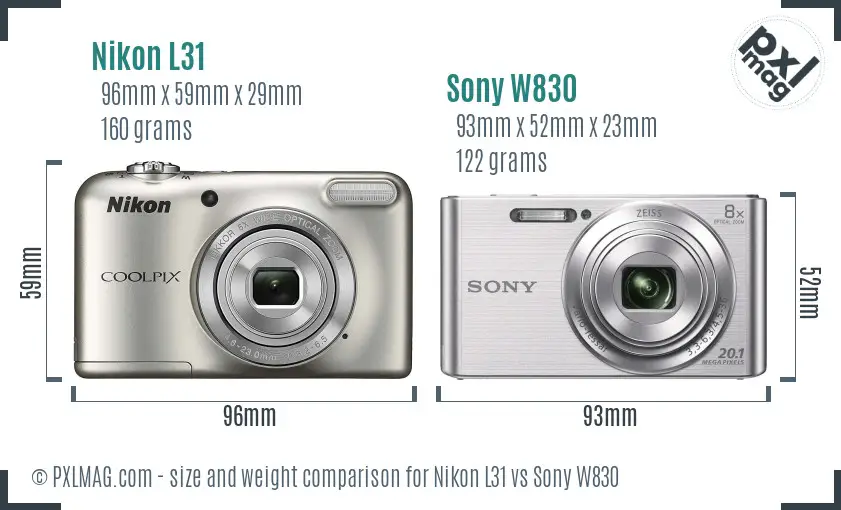 Nikon L31 vs Sony W830 size comparison