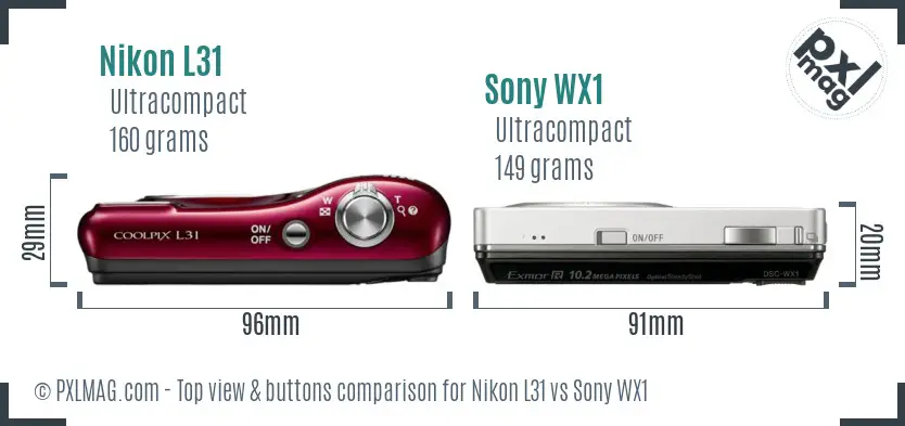 Nikon L31 vs Sony WX1 top view buttons comparison