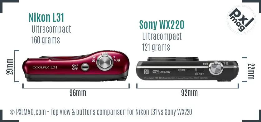 Nikon L31 vs Sony WX220 top view buttons comparison