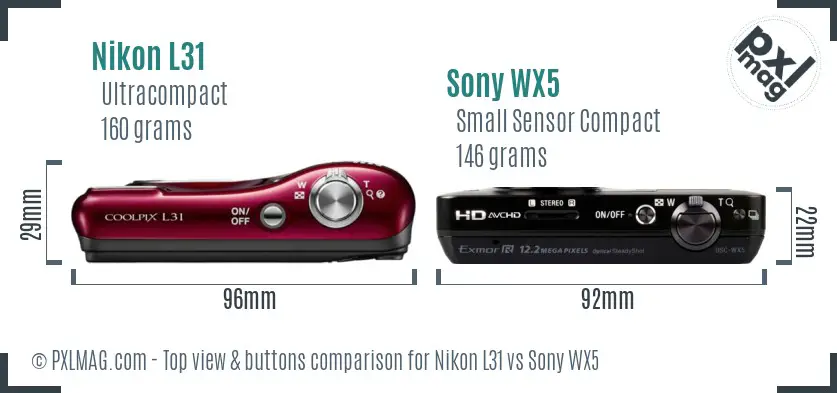 Nikon L31 vs Sony WX5 top view buttons comparison