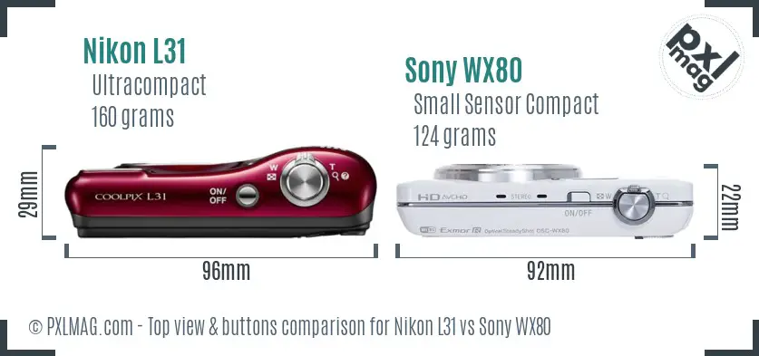 Nikon L31 vs Sony WX80 top view buttons comparison
