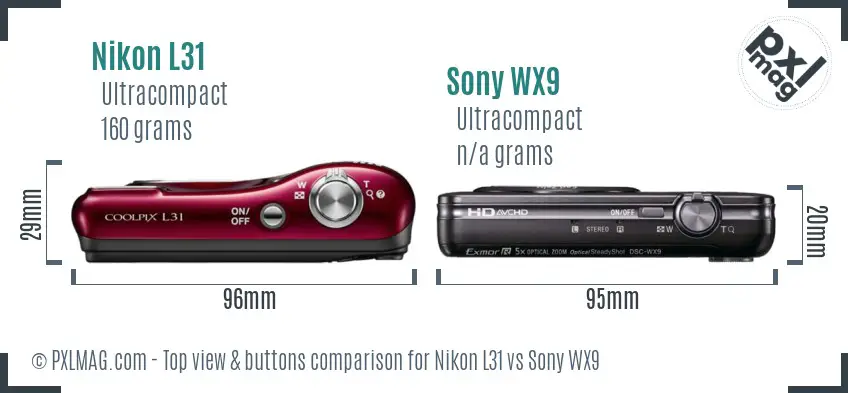 Nikon L31 vs Sony WX9 top view buttons comparison