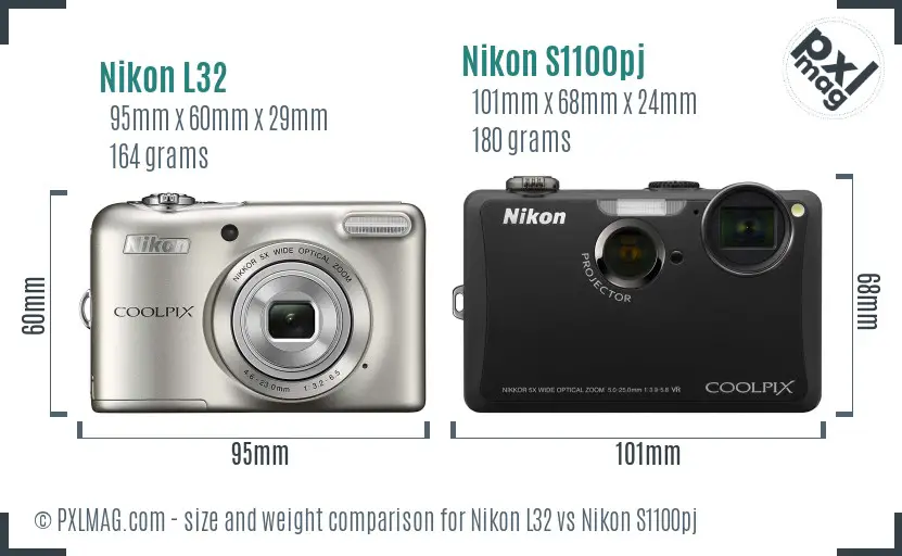 Nikon L32 vs Nikon S1100pj size comparison