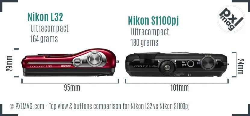 Nikon L32 vs Nikon S1100pj top view buttons comparison
