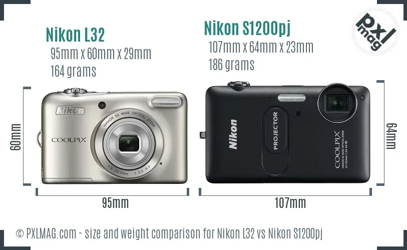 Nikon L32 vs Nikon S1200pj size comparison