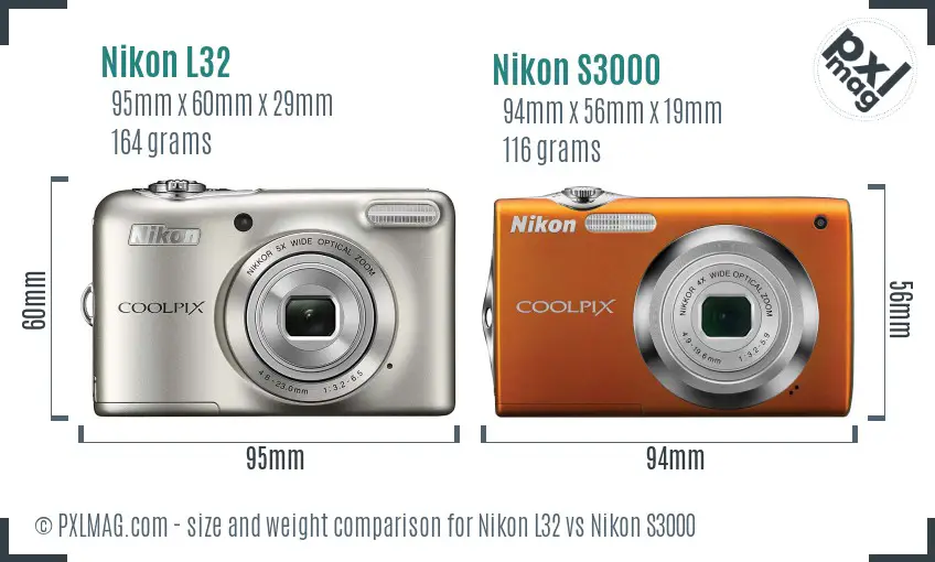 Nikon L32 vs Nikon S3000 size comparison