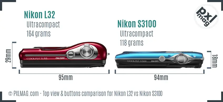 Nikon L32 vs Nikon S3100 top view buttons comparison