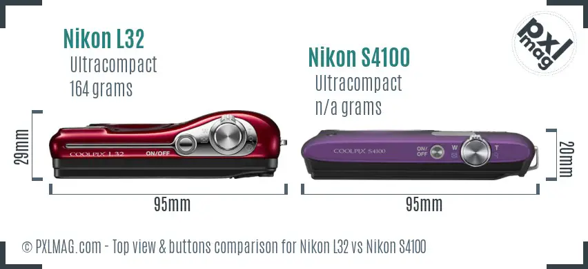 Nikon L32 vs Nikon S4100 top view buttons comparison