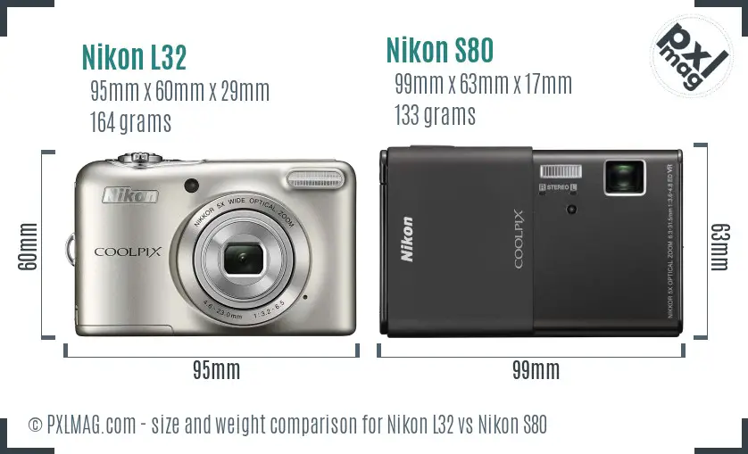 Nikon L32 vs Nikon S80 size comparison