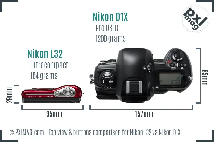 Nikon L32 vs Nikon D1X top view buttons comparison