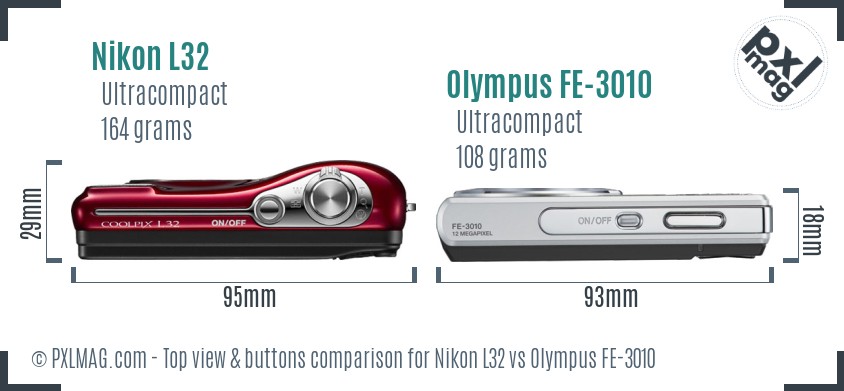 Nikon L32 vs Olympus FE-3010 top view buttons comparison