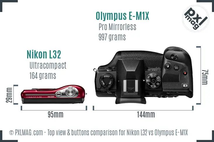 Nikon L32 vs Olympus E-M1X top view buttons comparison