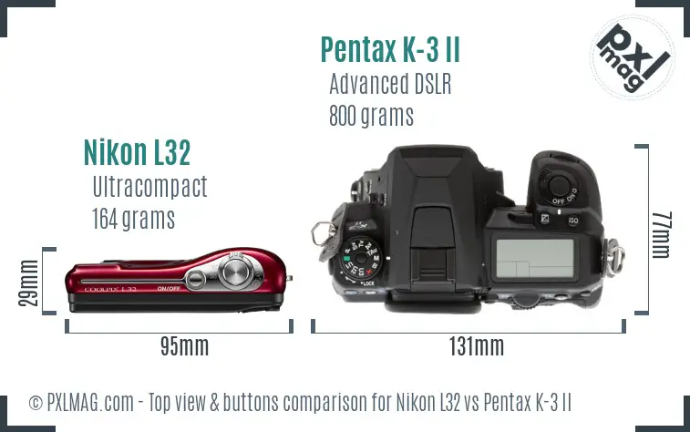 Nikon L32 vs Pentax K-3 II top view buttons comparison