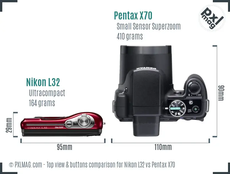 Nikon L32 vs Pentax X70 top view buttons comparison