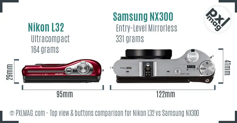 Nikon L32 vs Samsung NX300 top view buttons comparison