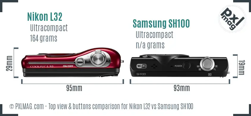 Nikon L32 vs Samsung SH100 top view buttons comparison
