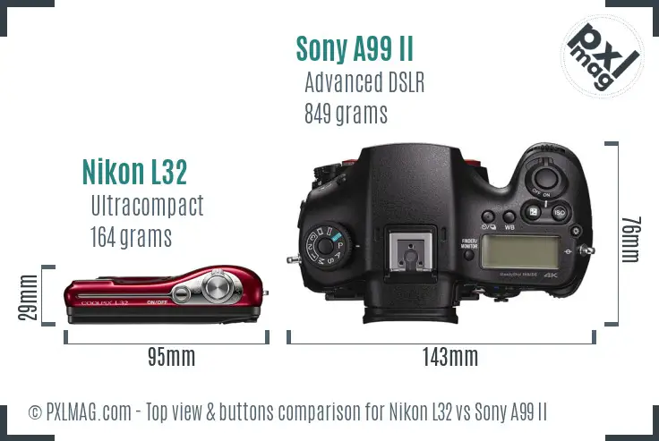 Nikon L32 vs Sony A99 II top view buttons comparison