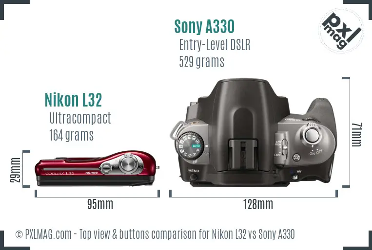 Nikon L32 vs Sony A330 top view buttons comparison