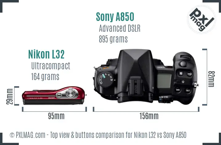 Nikon L32 vs Sony A850 top view buttons comparison