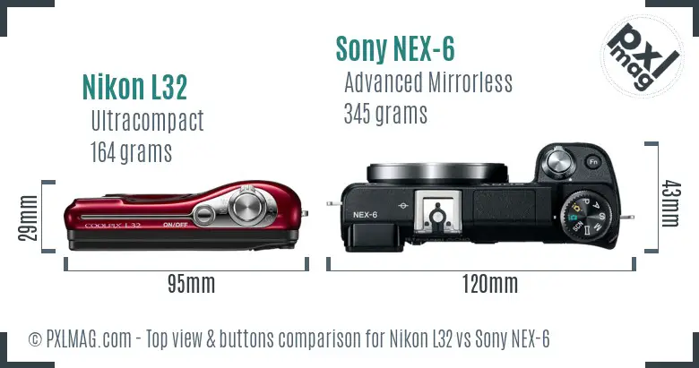Nikon L32 vs Sony NEX-6 top view buttons comparison