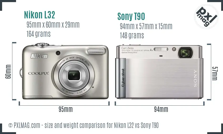 Nikon L32 vs Sony T90 size comparison