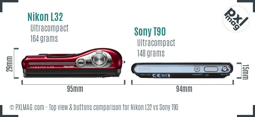 Nikon L32 vs Sony T90 top view buttons comparison