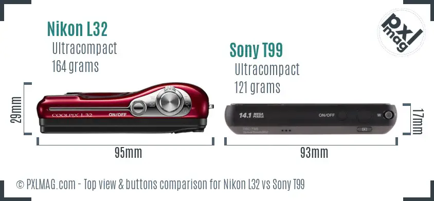 Nikon L32 vs Sony T99 top view buttons comparison