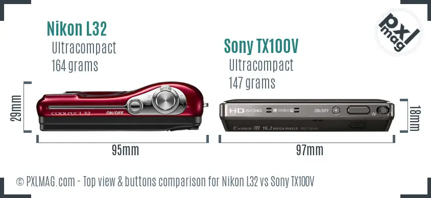 Nikon L32 vs Sony TX100V top view buttons comparison
